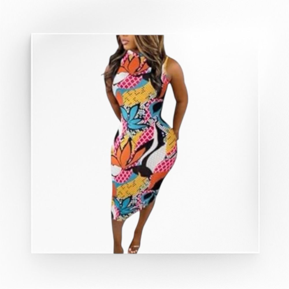 Sleeveless Pencil Floral Pattern Dress, Size XL